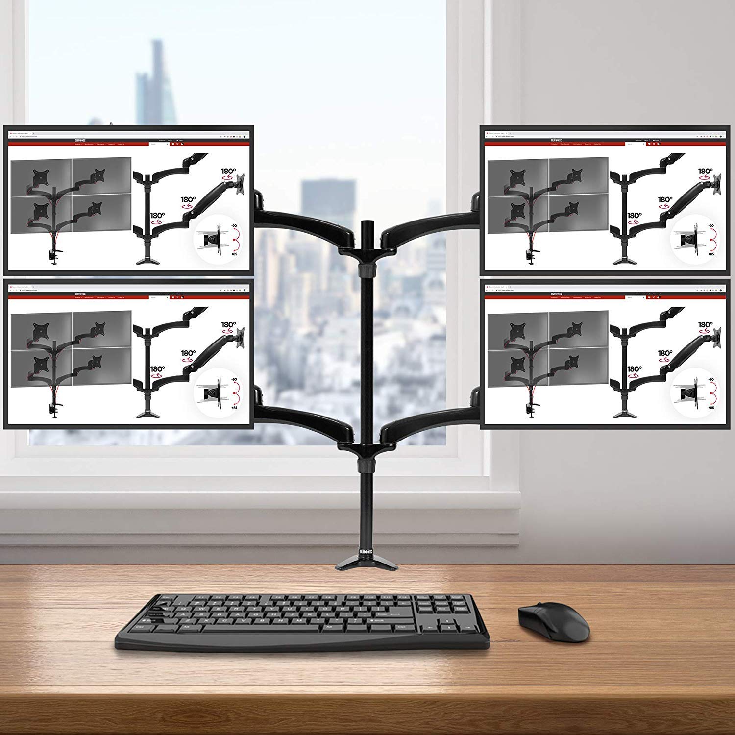 Duronic Monitor Arm Stand showing product specifications above a keyboard and mouse.