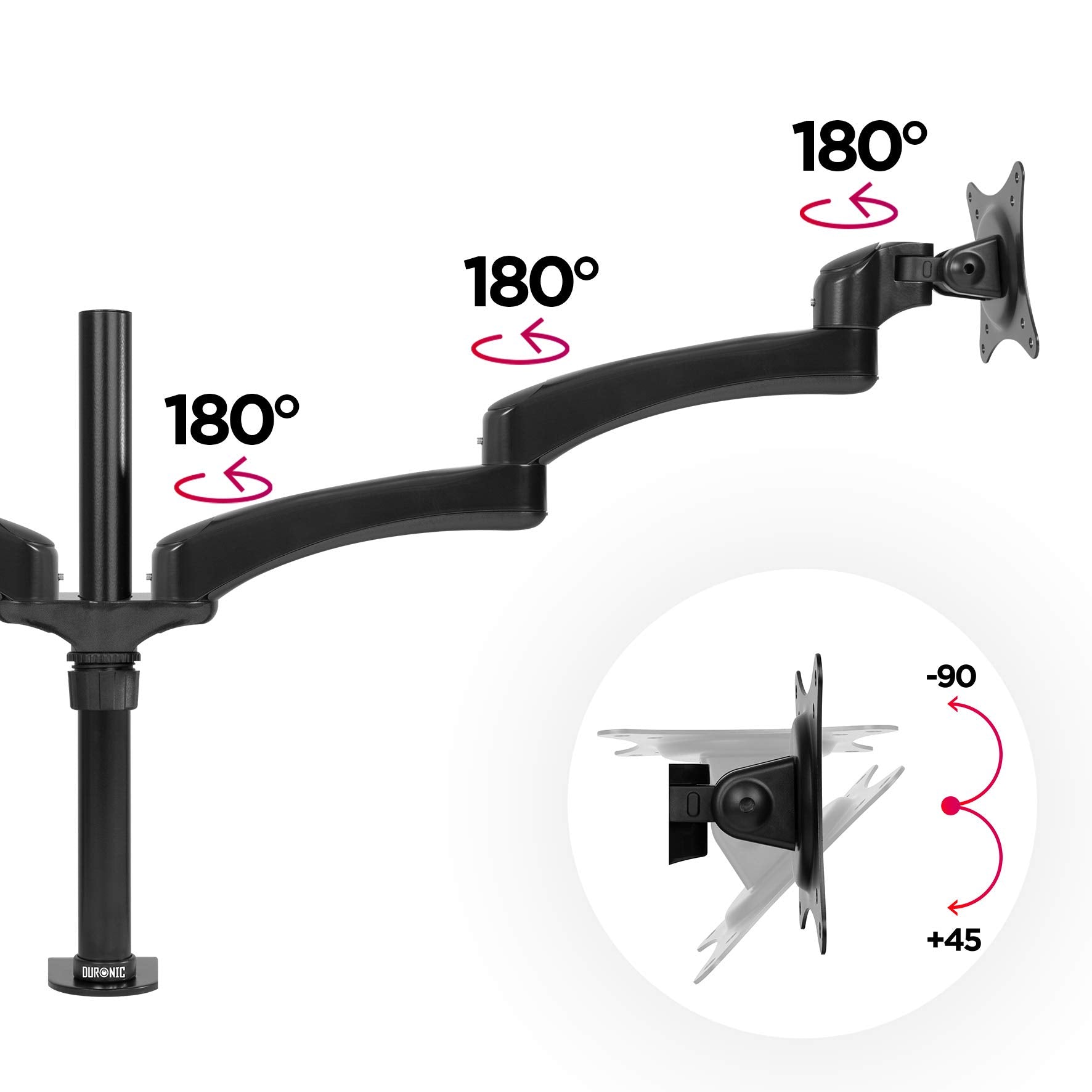 Duronic Monitor Arm Stand showing three 180-degree swivel joints and a -90/+45-degree tilt mechanism.