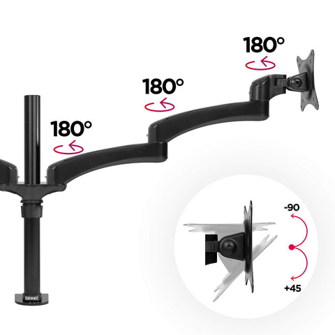 Duronic Monitor Arm Stand showing three 180-degree swivel joints and a -90/+45-degree tilt mechanism.