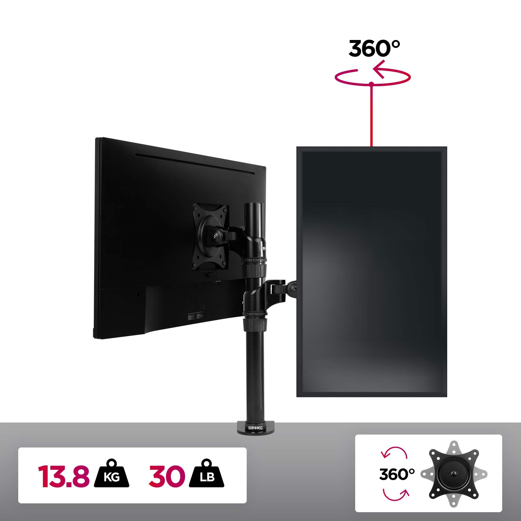 Duronic Monitor Arm Stand supporting two screens with 360 degree rotation and 30 pound capacity.
