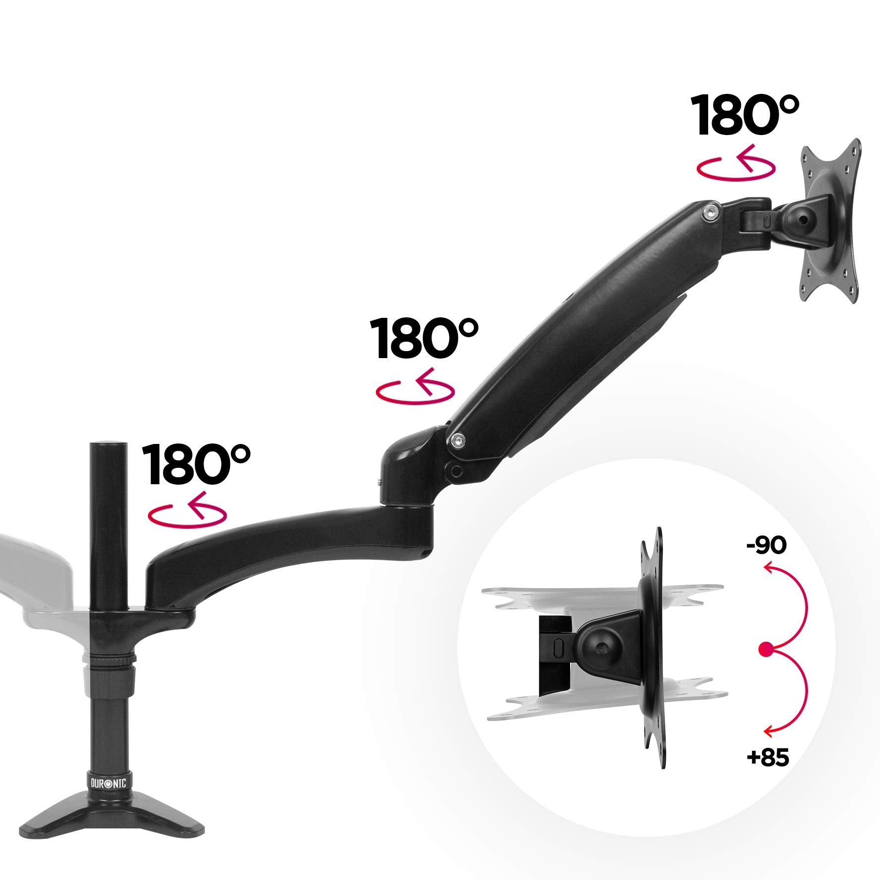Duronic Monitor Arm Stand with 180-degree swivels and a tilt mechanism diagram.
