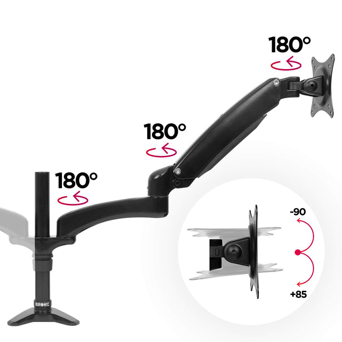 Duronic Monitor Arm Stand with 180-degree swivels and a tilt mechanism diagram.