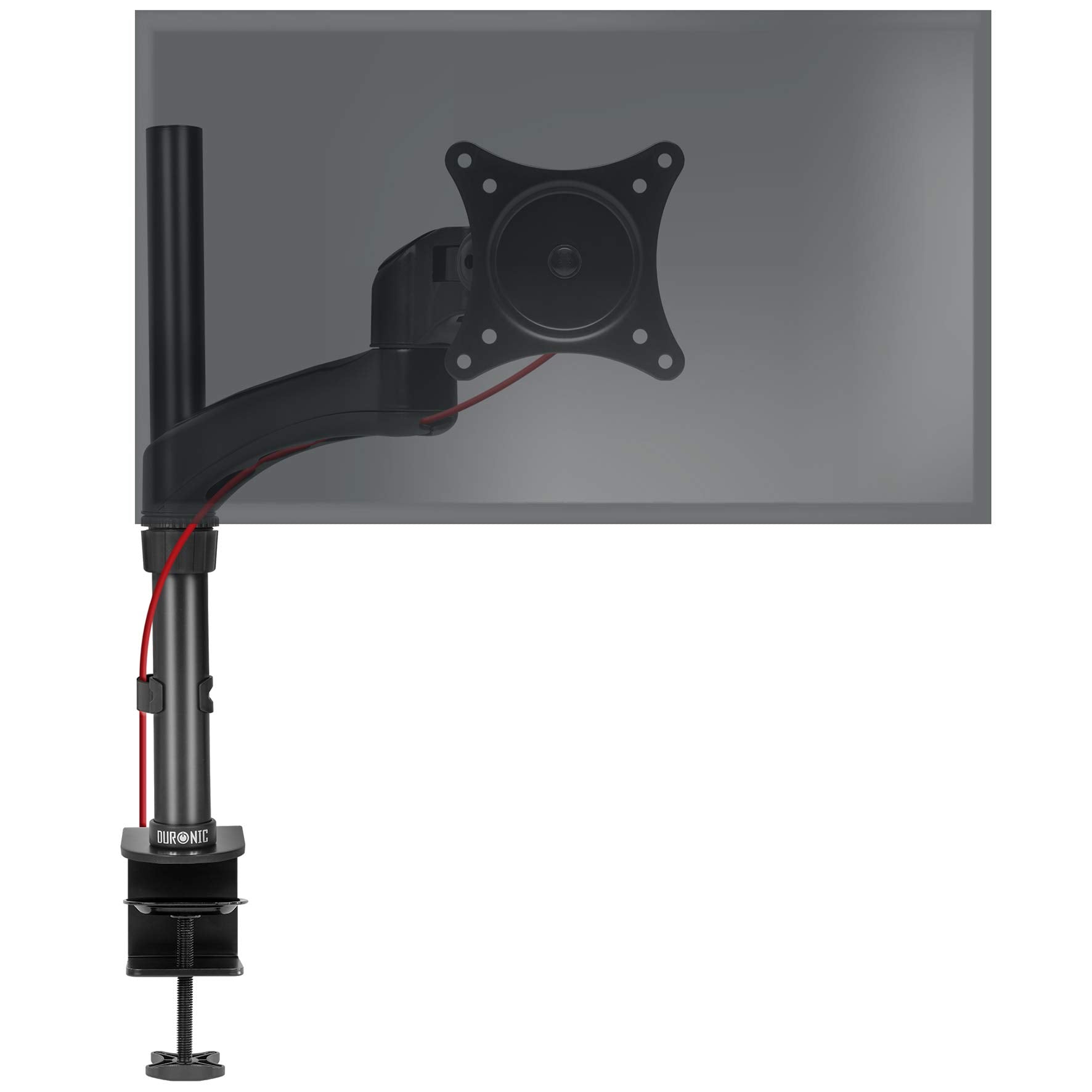 Duronic Monitor Arm Stand with adjustable arm and clamp, supporting an attached display screen.