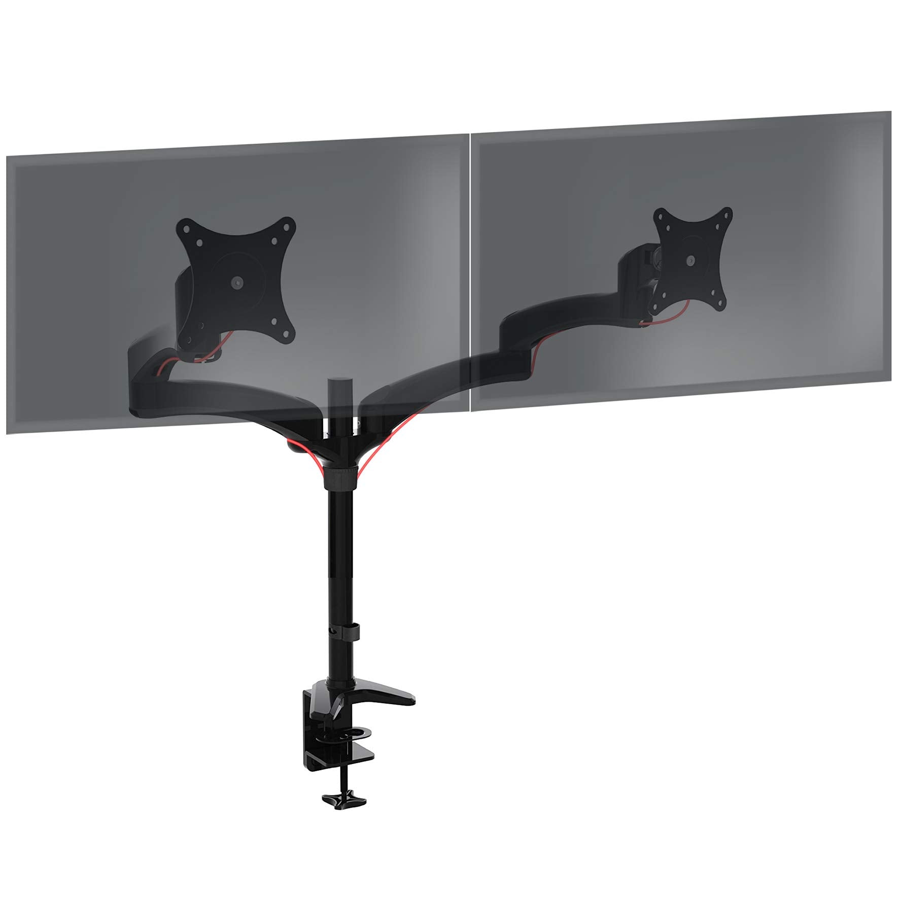 Duronic Monitor Arm Stand with adjustable articulated arms holding two translucent screens on a clamp.