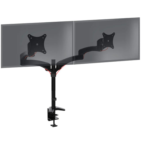 Duronic Monitor Arm Stand with adjustable articulated arms holding two translucent screens on a clamp.