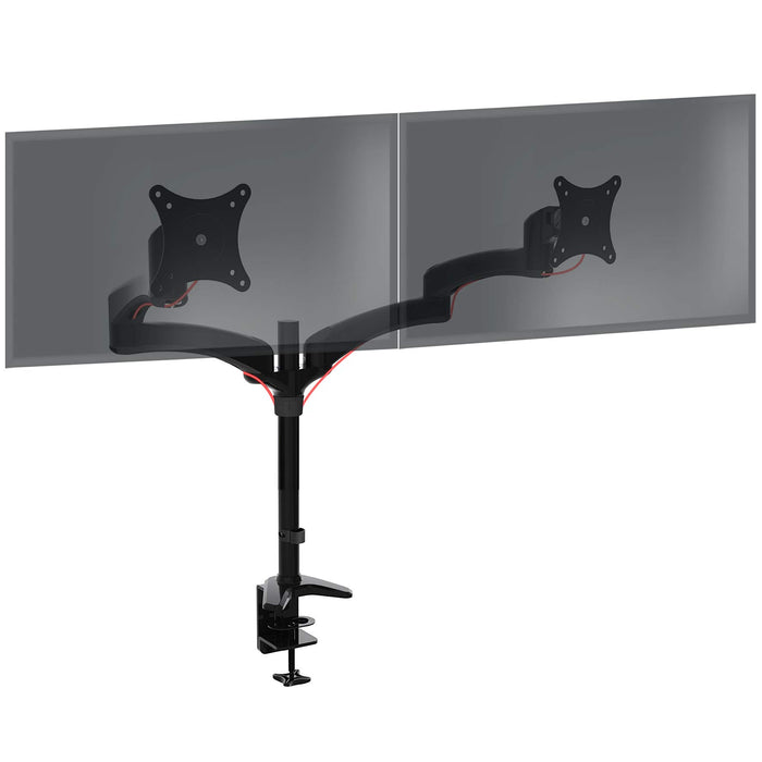 Duronic Monitor Arm Stand with adjustable articulated arms holding two translucent screens on a clamp.