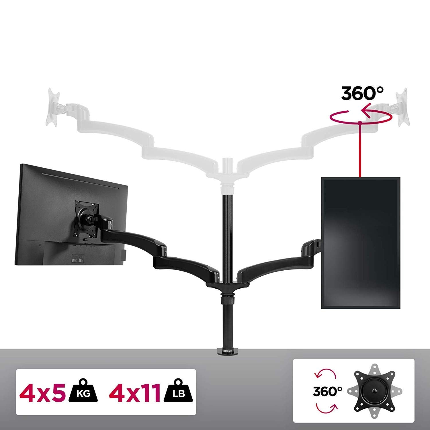 Duronic Monitor Arm Stand with adjustable articulating arms supporting vertical, horizontal, and 360-degree screen rotation.