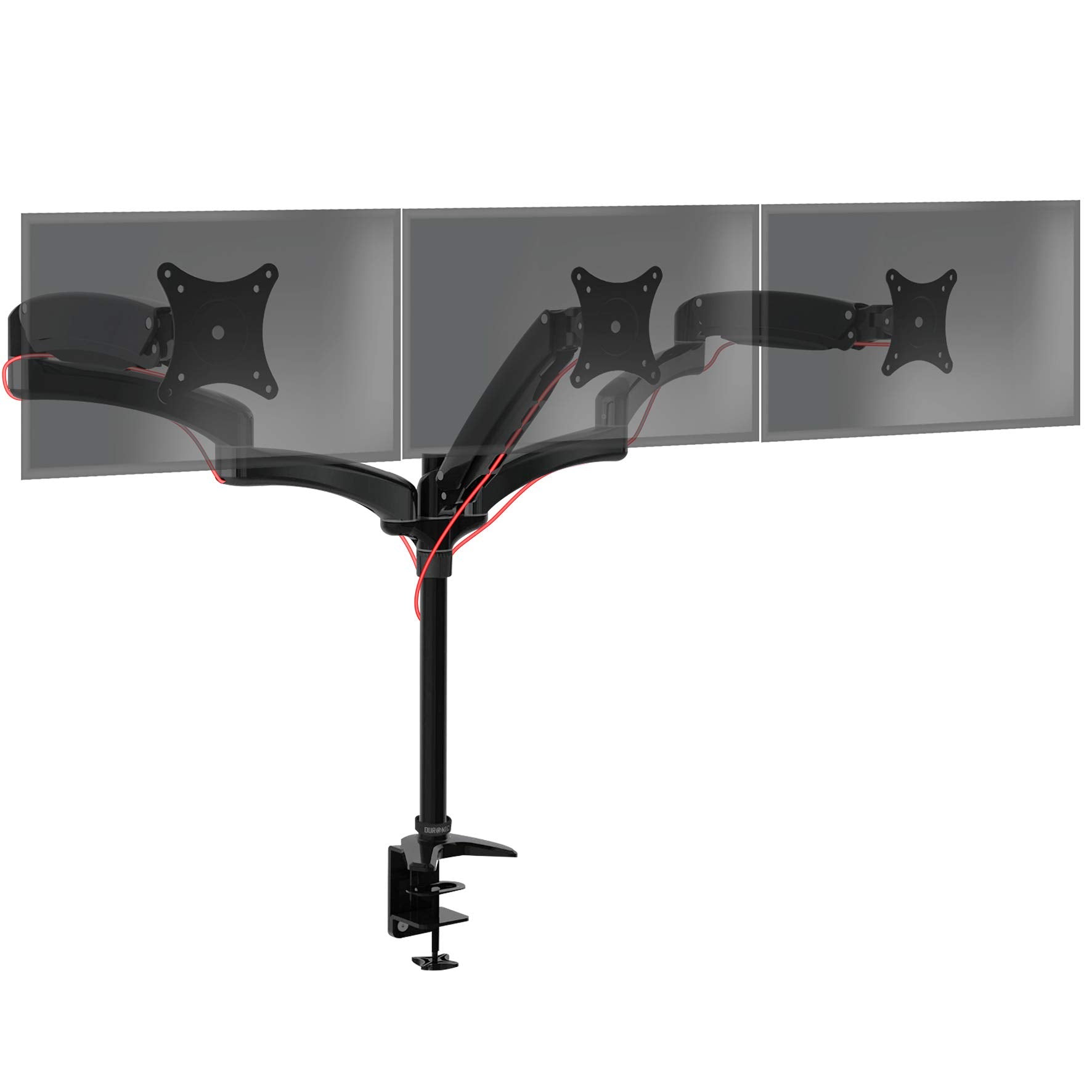 Duronic Monitor Arm Stand with adjustable articulating gas spring arms and a secure C-clamp base.
