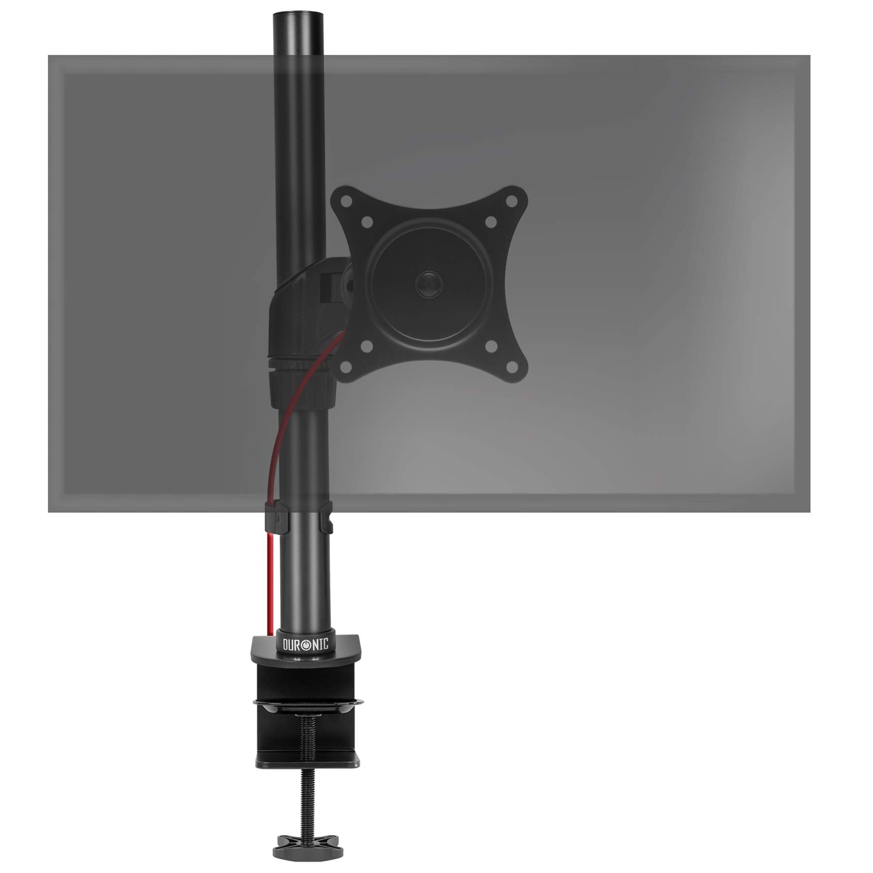 Duronic Monitor Arm Stand with adjustable clamp, holding a grey screen overlay.