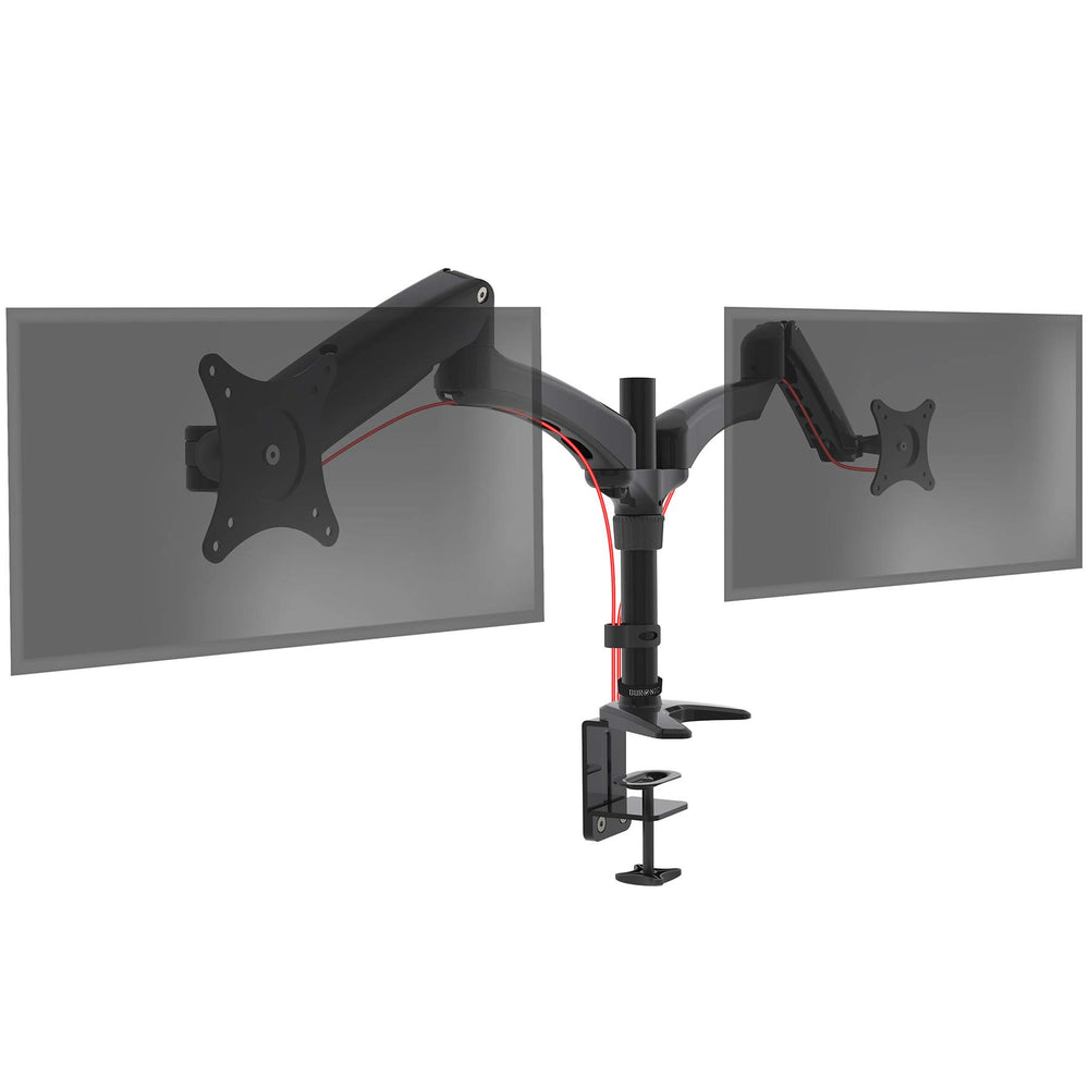 Duronic Monitor Arm Stand with adjustable gas spring desktop clamp holding two gray screens.