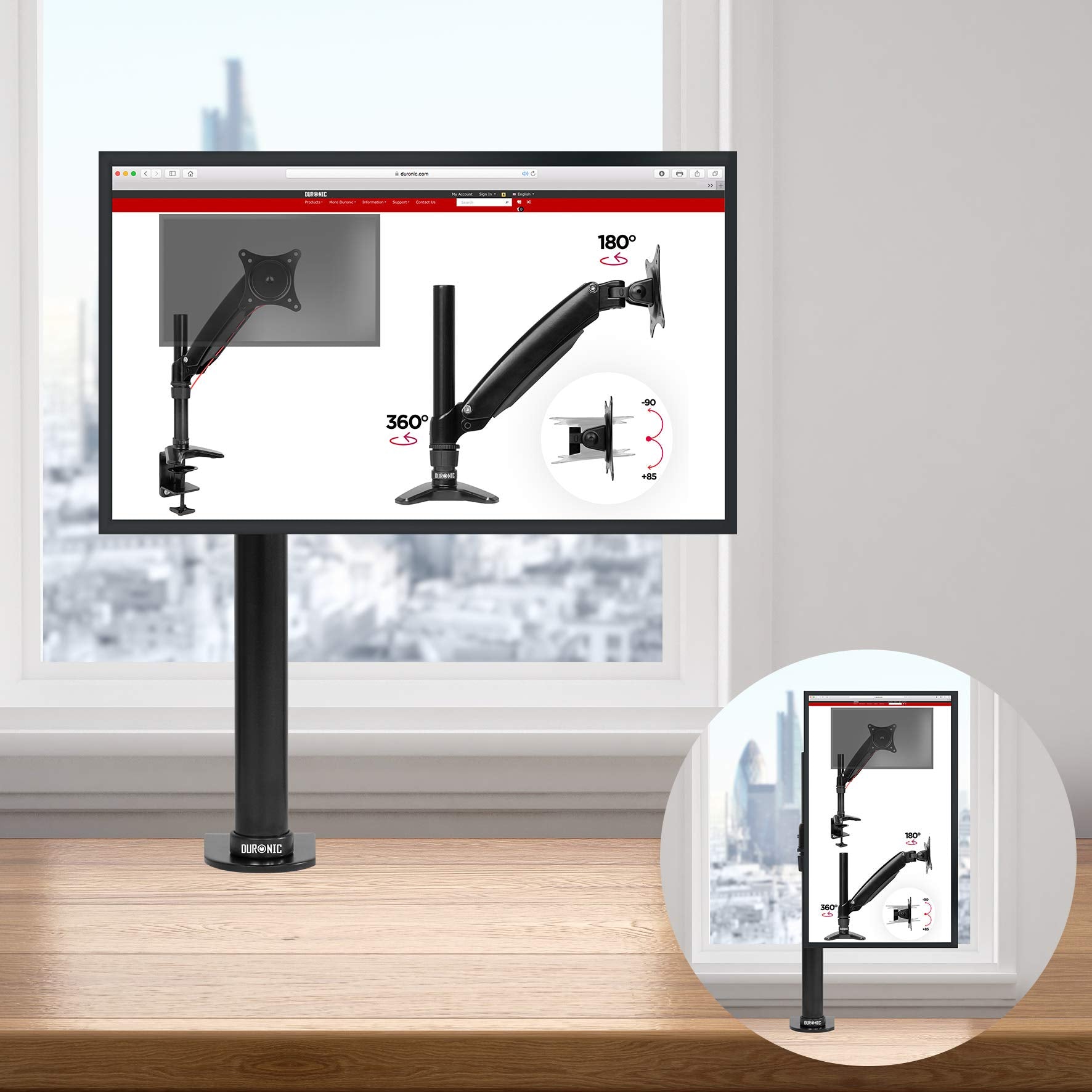 Duronic Monitor Arm Stand with an inset showing portrait rotation.