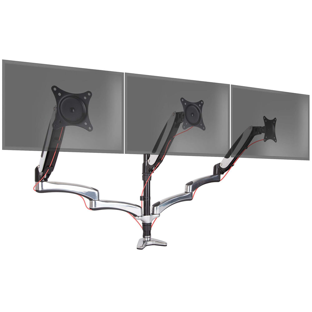 Duronic Monitor Arm Stand with articulated arms holding three screens on a single desk clamp base.