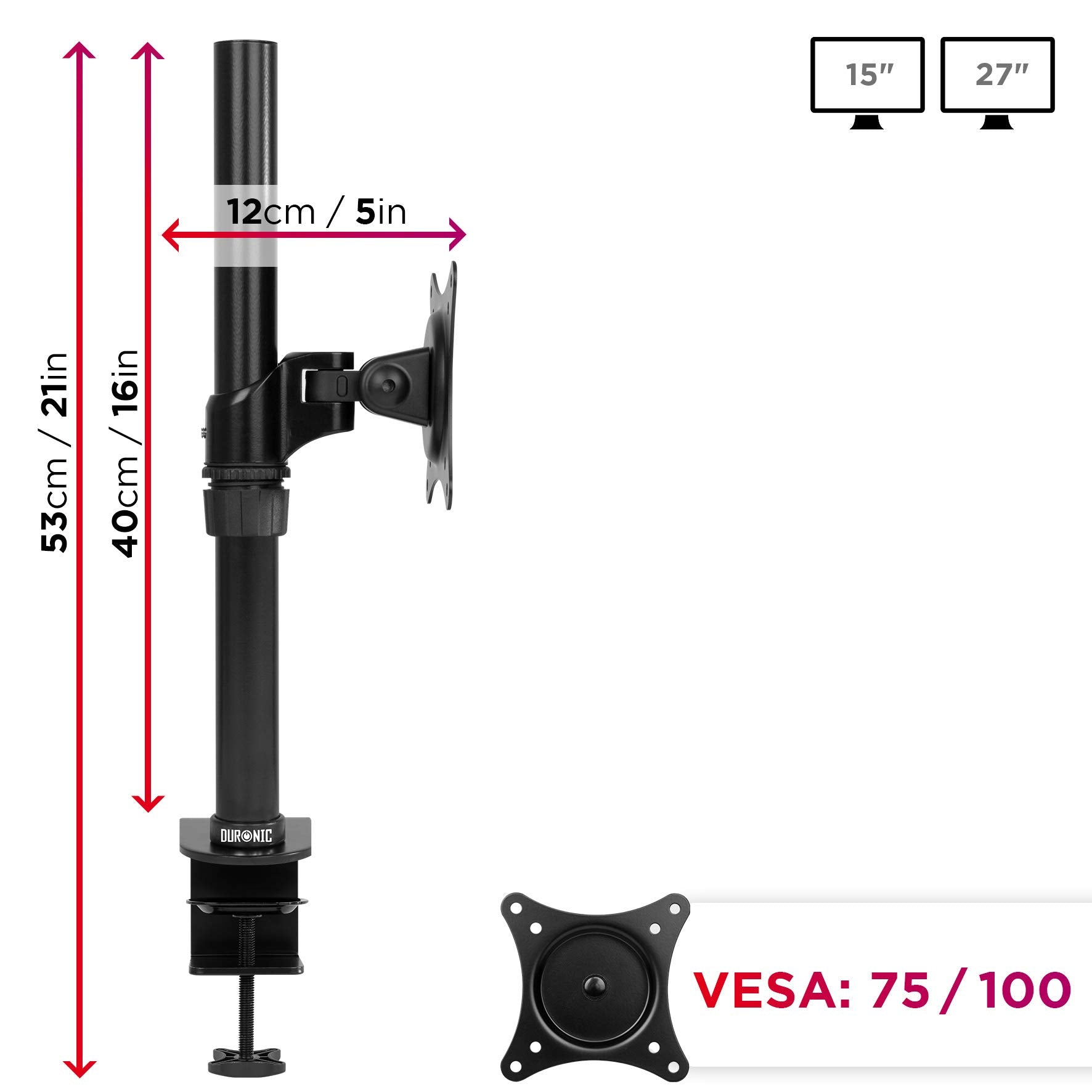 Duronic Monitor Arm Stand with clamp, showing full dimensions, VESA compatibility, and screen sizes.