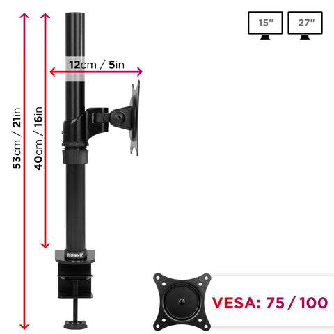 Duronic Monitor Arm Stand with clamp, showing full dimensions, VESA compatibility, and screen sizes.
