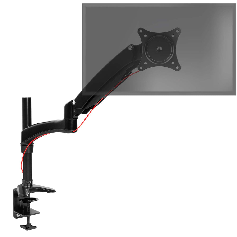 Duronic Monitor Arm Stand with desk clamp, holding a translucent monitor display. 
