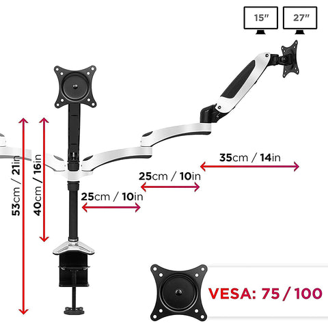 Duronic Monitor Arm Stand with dimensions, VESA compatibility, and screen sizes 15 to 27 inches.