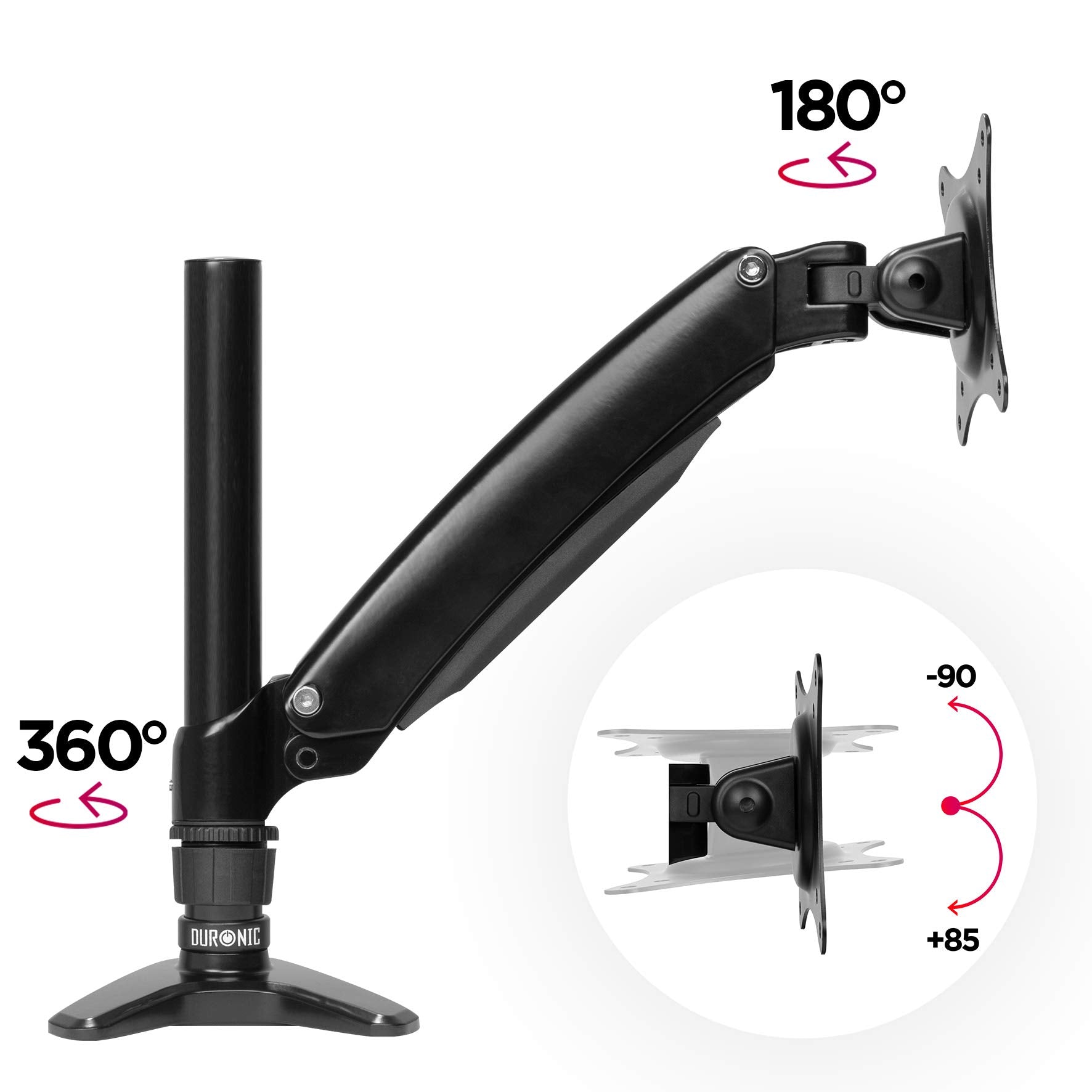 Duronic Monitor Arm Stand with gas spring, 360-degree rotation, and tilt capabilities.