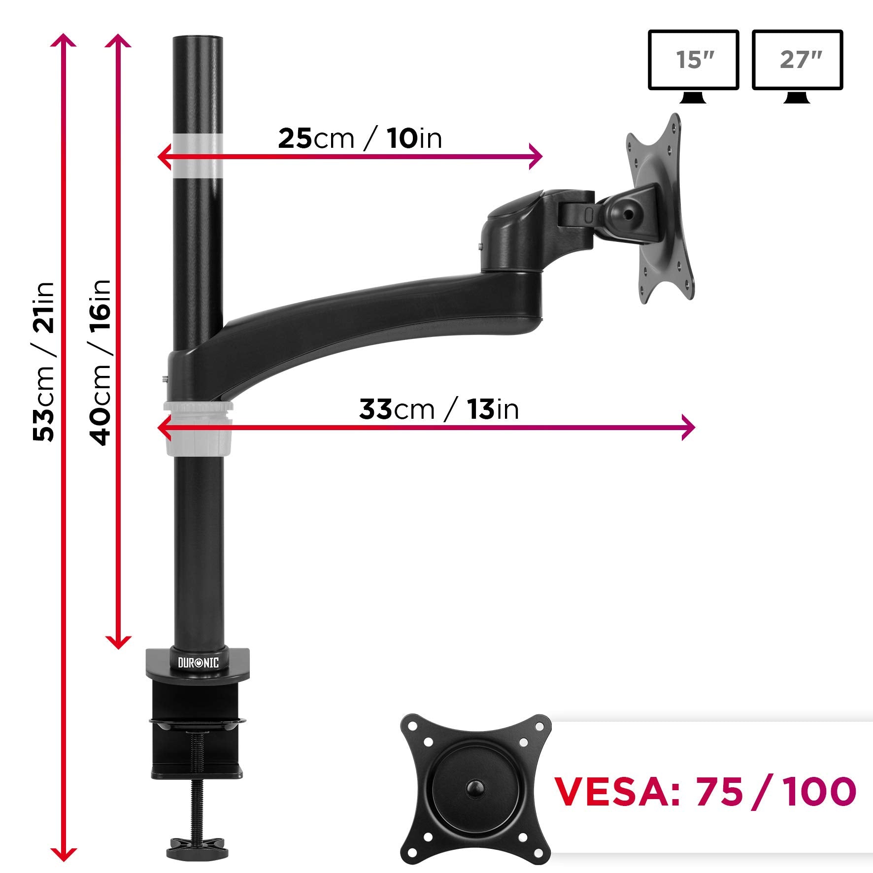Duronic Monitor Arm Stand with measurements, VESA 75/100 compatibility, and screen size indicators.