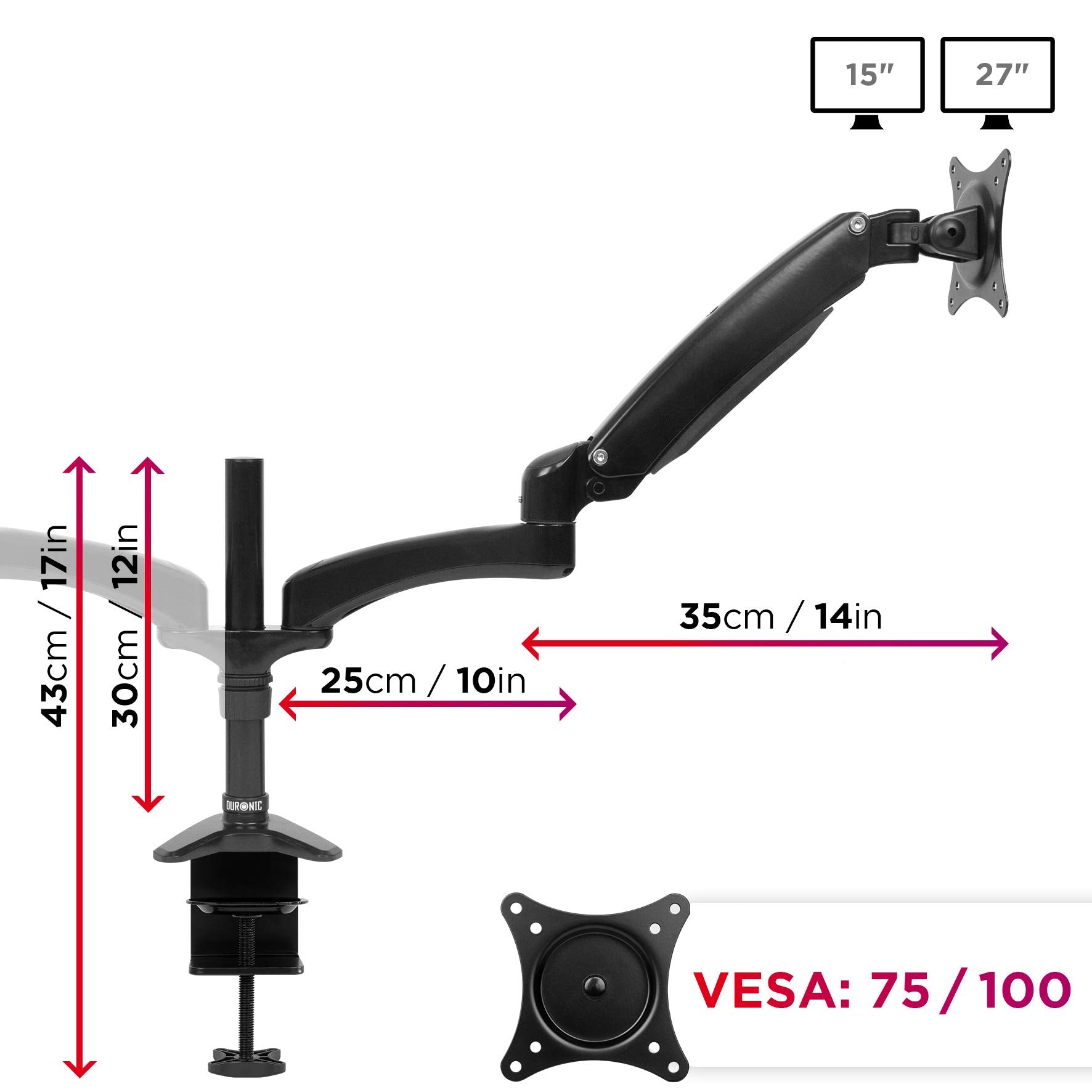 Duronic Monitor Arm Stand with measurements, VESA compatibility, and screen size specs.