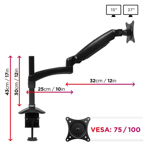 Duronic Monitor Arm Stand with specifications for height, reach, and VESA compatibility.