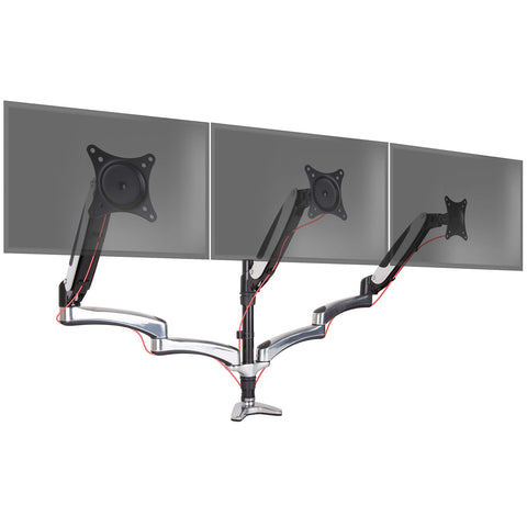 Duronic Monitor Arm Stand with three adjustable silver and black gas-spring mechanical arms holding grey screens.