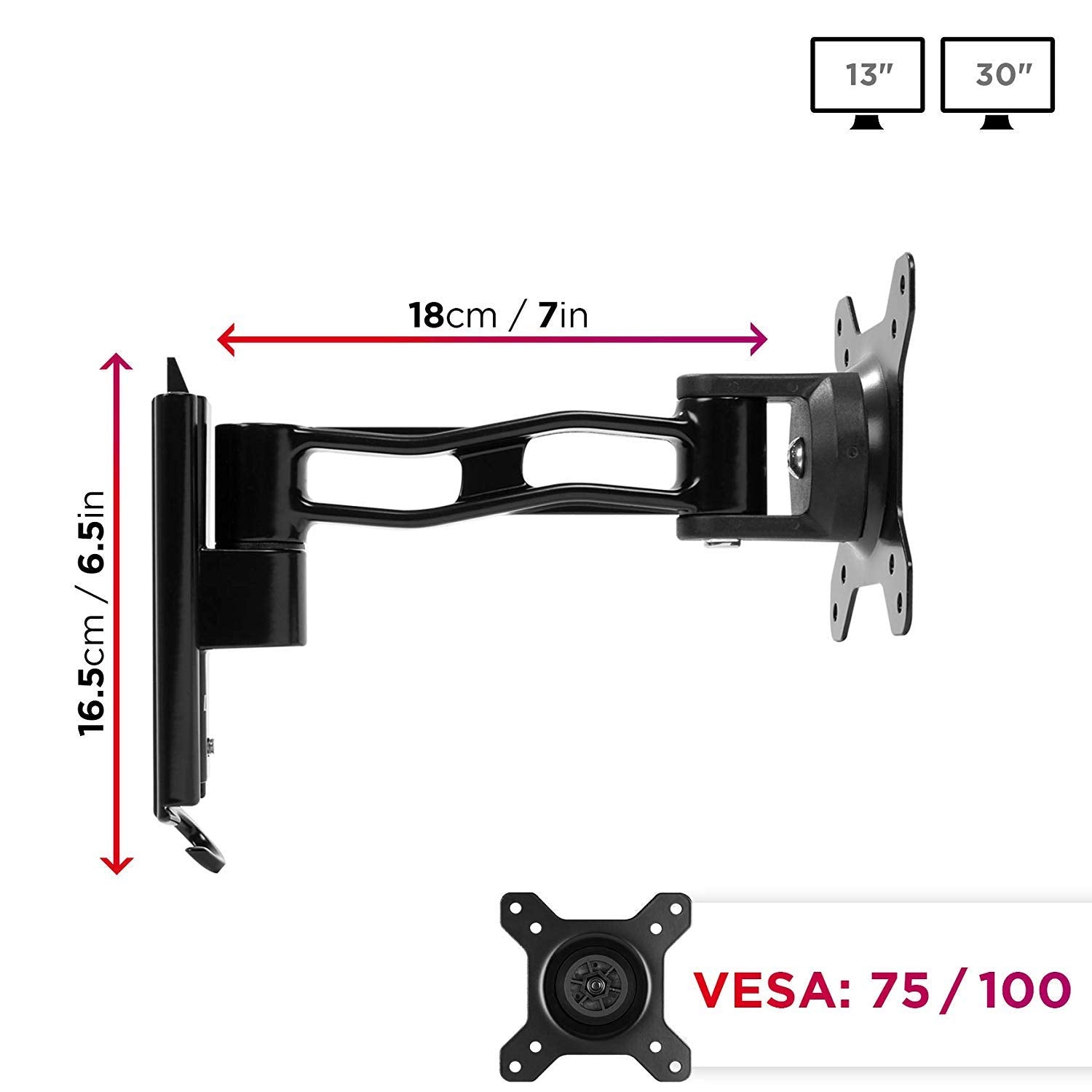Duronic Monitor Arm Wall Mount bracket with VESA 75/100 compatibility measurements.
