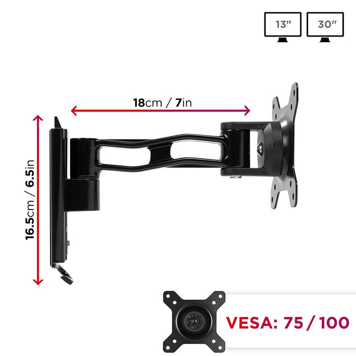 Duronic Monitor Arm Wall Mount bracket with VESA 75/100 compatibility measurements.