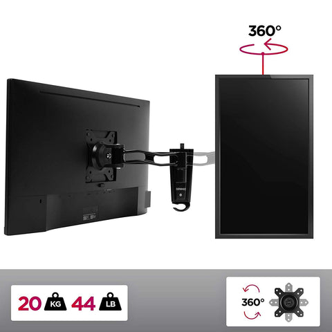 Duronic Monitor Arm Wall Mount holding a horizontal screen and a vertical screen rotating 360 degrees.