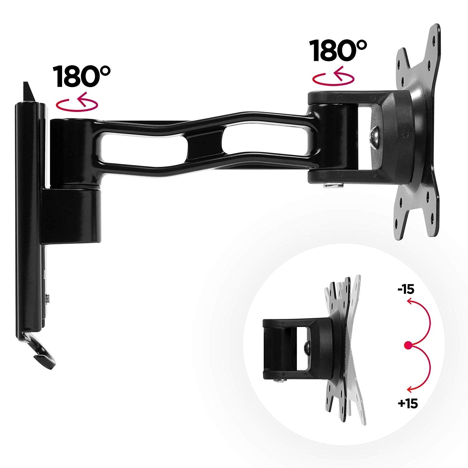Duronic Monitor Arm Wall Mount showing 180-degree swivels and 15-degree tilt range.