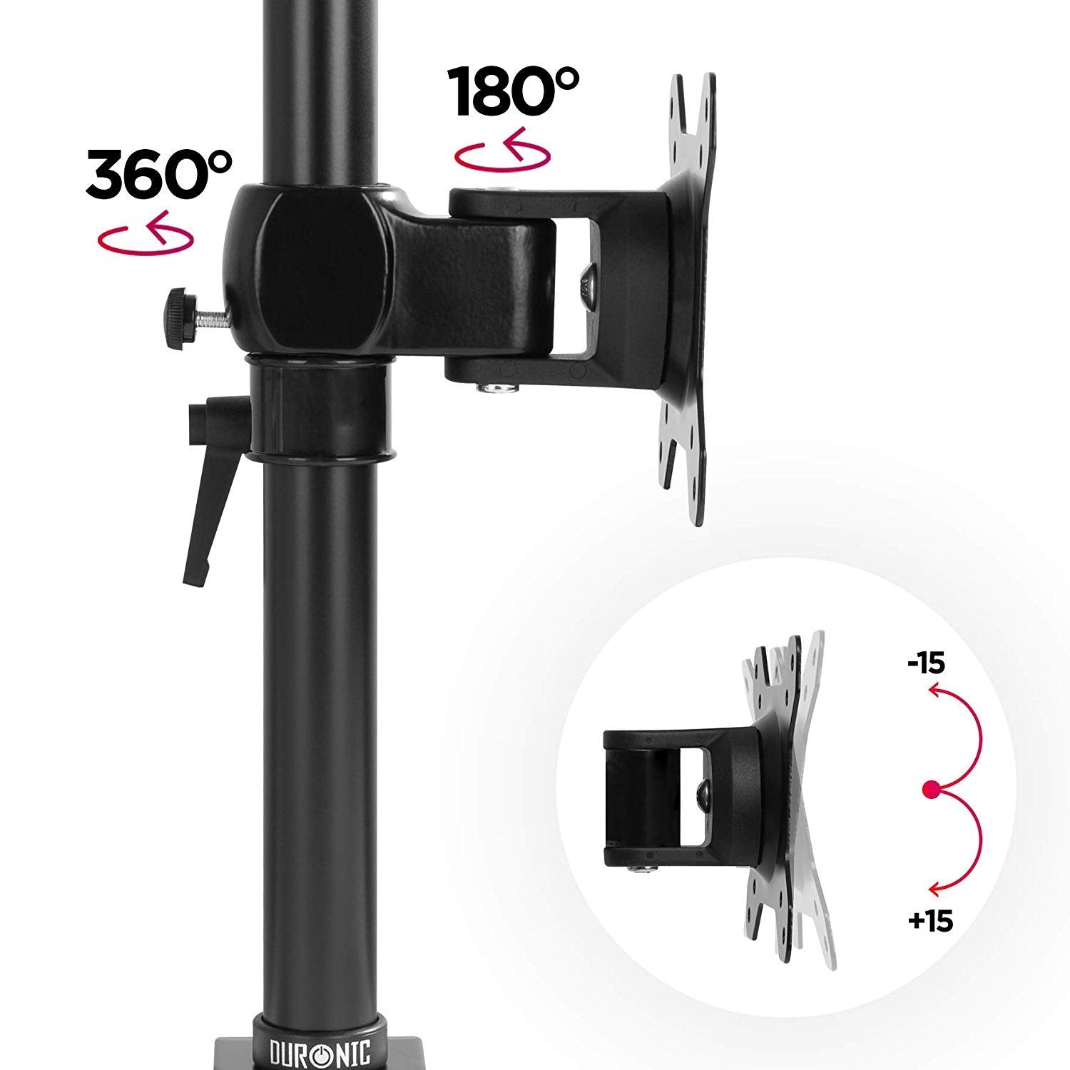 Duronic Monitor Stand Dual Adjustable black monitor mount arm showing 360 rotation, 180 swivel, and 15 degree tilt capabilities.