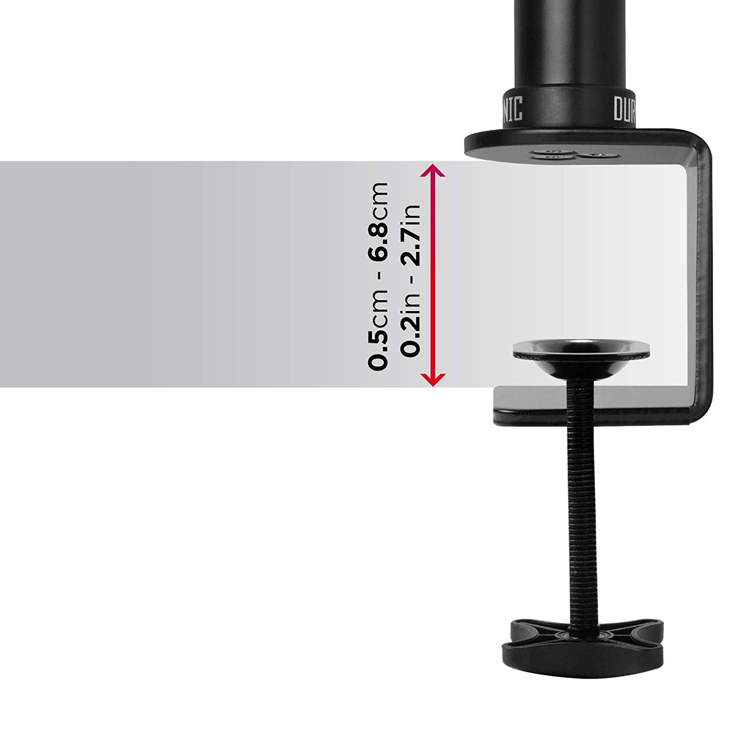 Duronic Monitor Stand Dual clamp illustrating adjustable desk thickness range from 0.5cm to 6.8cm.