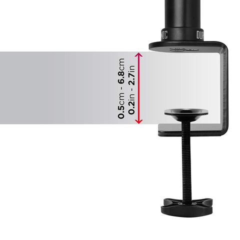 Duronic Monitor Stand Dual clamp illustrating adjustable desk thickness range from 0.5cm to 6.8cm.