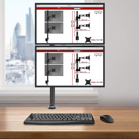 Duronic Monitor Stand Dual displaying product specifications on two screens over a keyboard.
