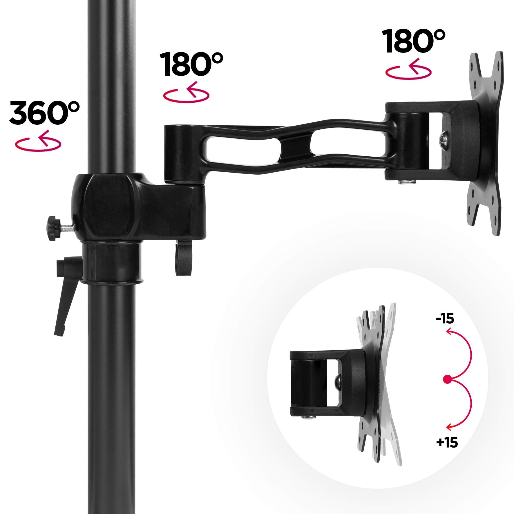 Duronic Monitor Stand Dual showcasing 360° pole rotation, dual 180° swivels, and ±15° VESA plate tilt.