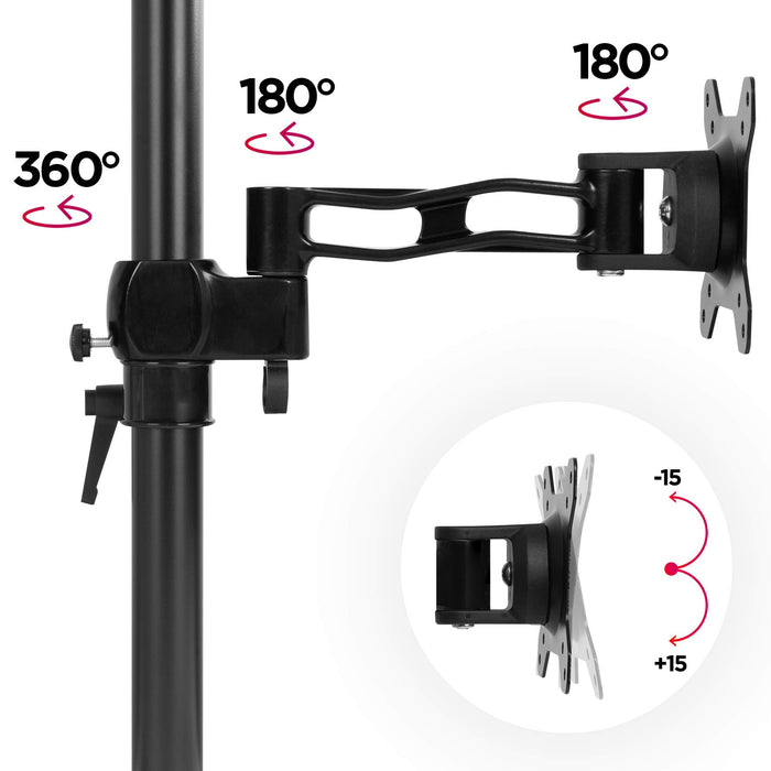 Duronic Monitor Stand Dual showcasing 360° pole rotation, dual 180° swivels, and ±15° VESA plate tilt.