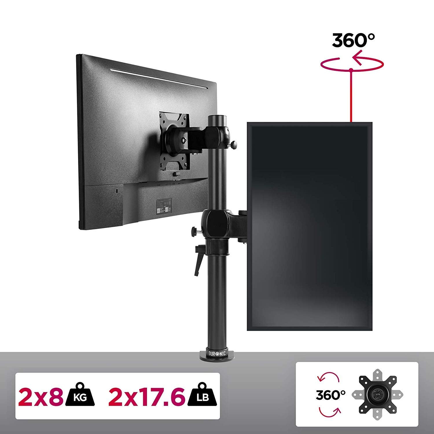 Duronic Monitor Stand Dual showing three sixty degree rotation and weight capacity.