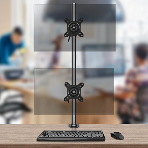 Duronic Monitor Stand Dual showing two screen placement options above a keyboard setup.