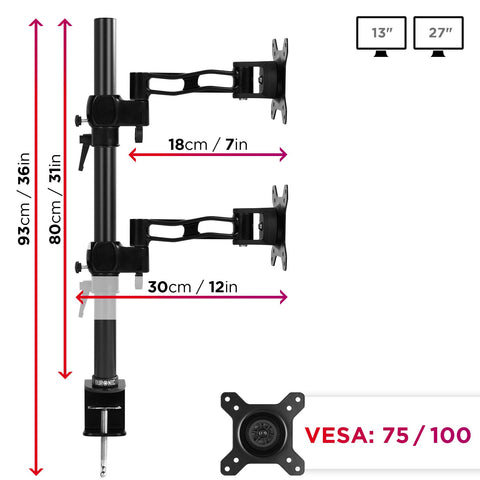 Duronic Monitor Stand Dual showing vertical height measurements, arm extension lengths, and VESA compatibility.
