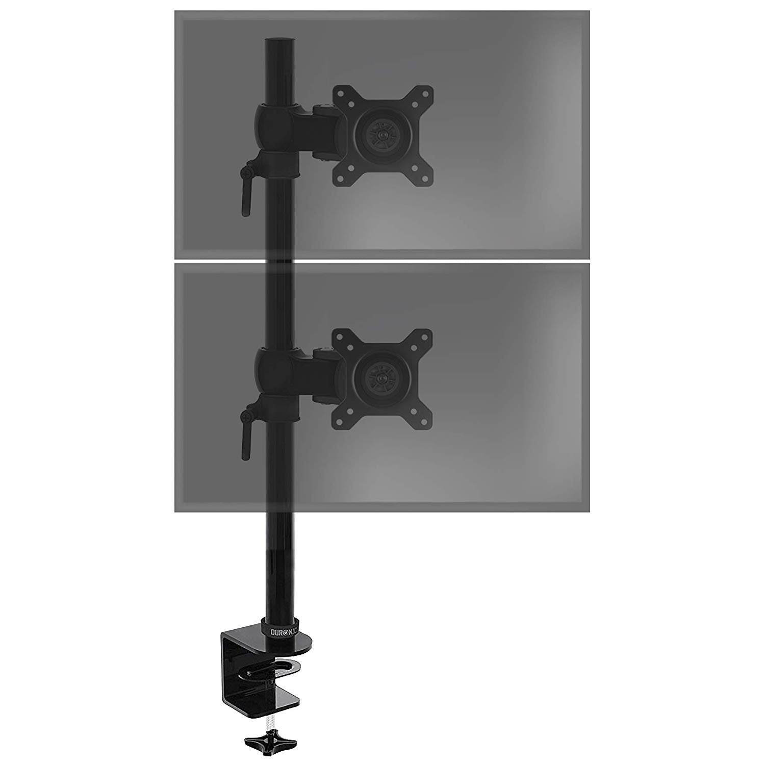 Duronic Monitor Stand Dual with desk clamp showing two stacked screens for ergonomic setup.