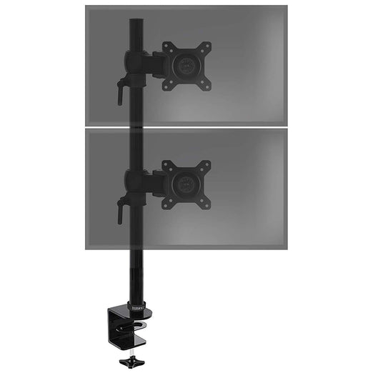 Duronic Monitor Stand Dual with desk clamp showing two stacked screens for ergonomic setup.