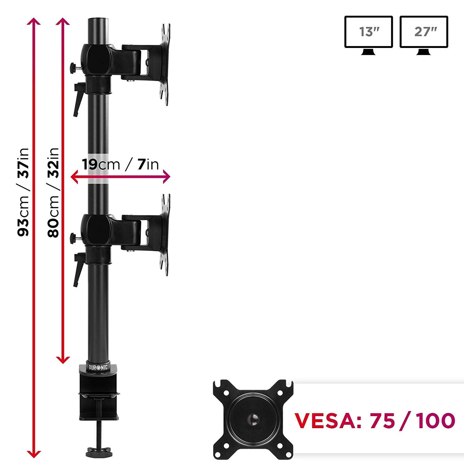 Duronic Monitor Stand Dual with dimensions, VESA 75/100 compatibility, for 13 to 27 inch screens.