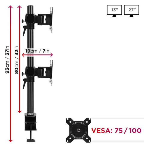 Duronic Monitor Stand Dual with dimensions, VESA 75/100 compatibility, for 13 to 27 inch screens.