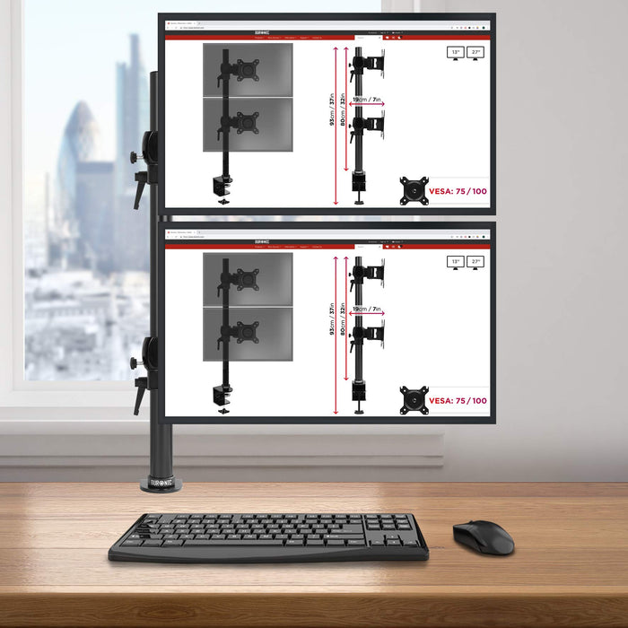 Duronic Monitor Stand Dual with dual stacked monitors with keyboard and mouse below