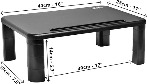 Duronic Monitor Stand Riser showing full metric and imperial dimensions.