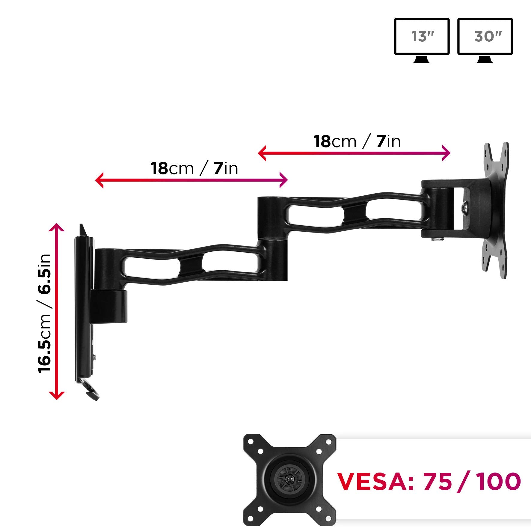 Duronic Monitor Wall Mount dimension diagrams for thirteen to thirty inch screens.
