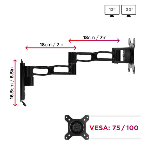 Duronic Monitor Wall Mount dimension diagrams for thirteen to thirty inch screens.