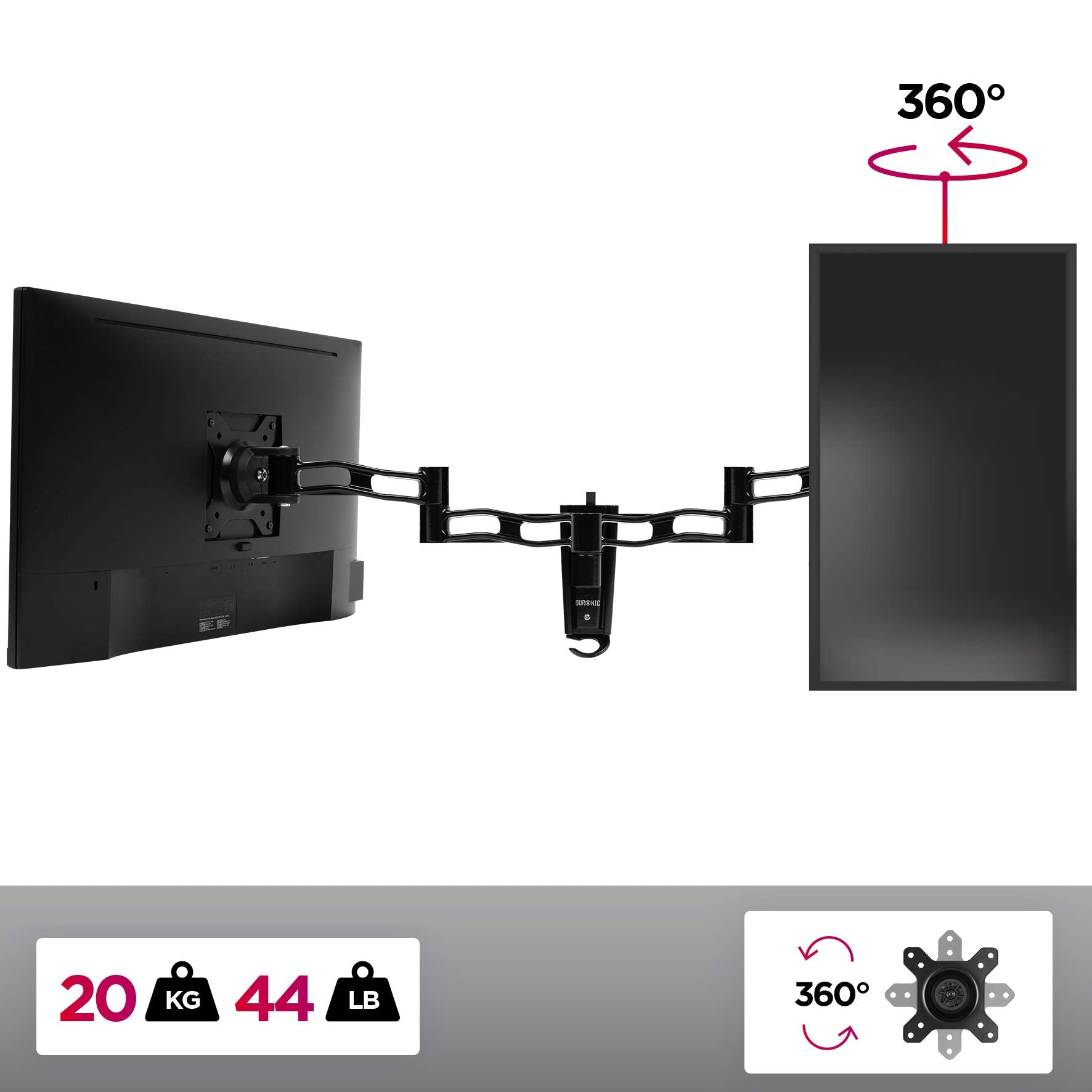 Duronic Monitor Wall Mount featuring 360-degree rotation and 44lb weight capacity.