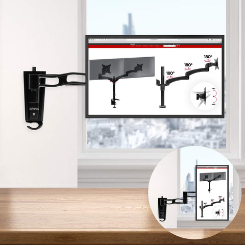Duronic Monitor Wall Mount supporting a screen above a desk, showing 180-degree rotation features.