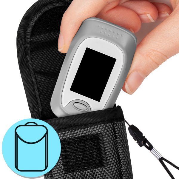 Duronic Oximeter durable nylon carrying case with a Velcro closure and lanyard.