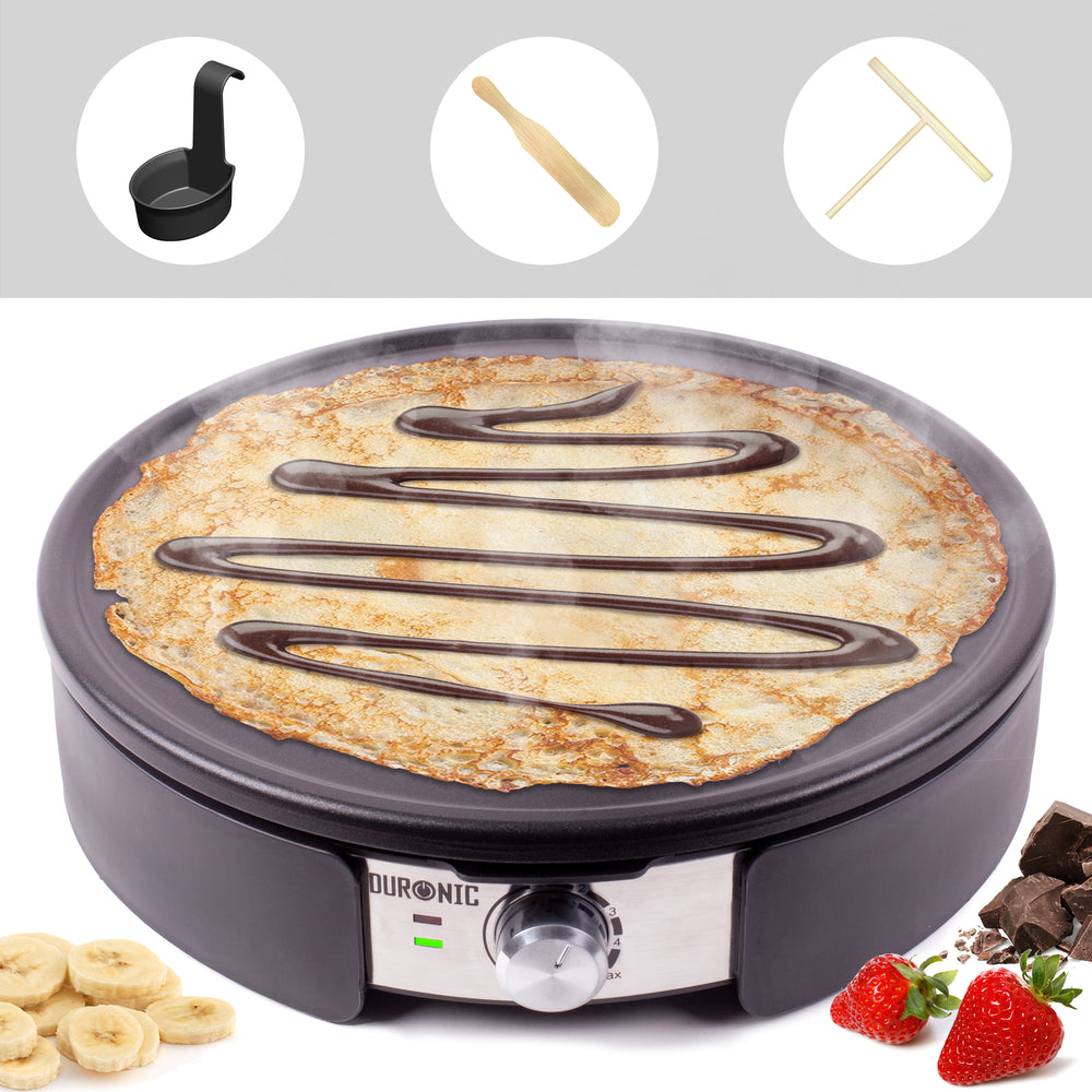 Duronic PM152 crepe/pancake maker cooking thin pancake with chocolate drizzle comes with 3 attachments